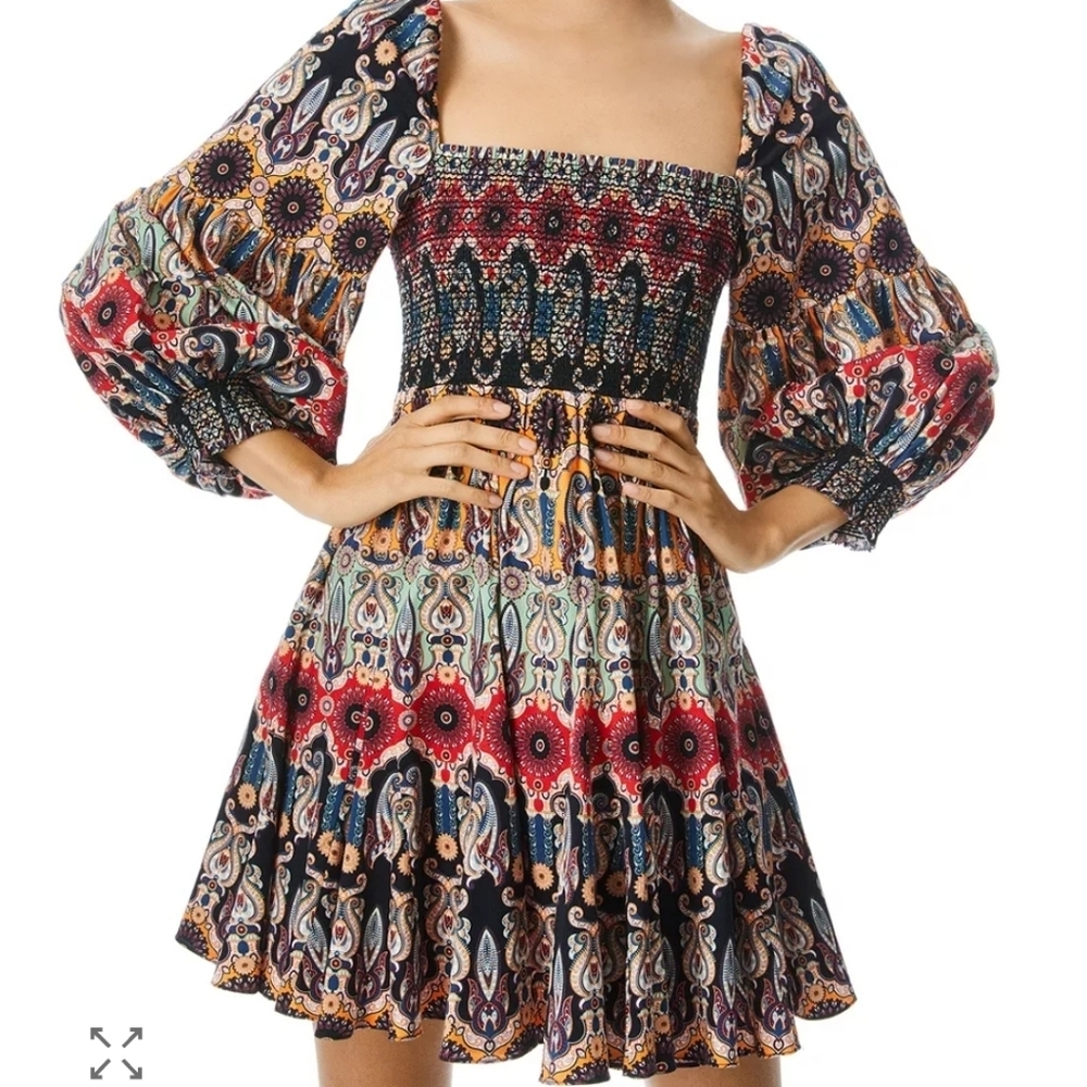 Alice and Olivia Julissa Smocked Mini Dress Size 2 Colorful Multiprint - Picture 3 of 16